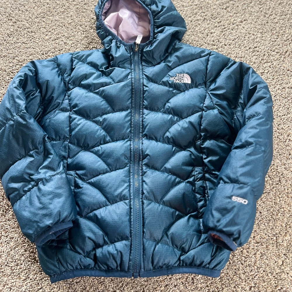 Girls 7/8 The North Face Dark Teal Hooded Jacket lavender interior